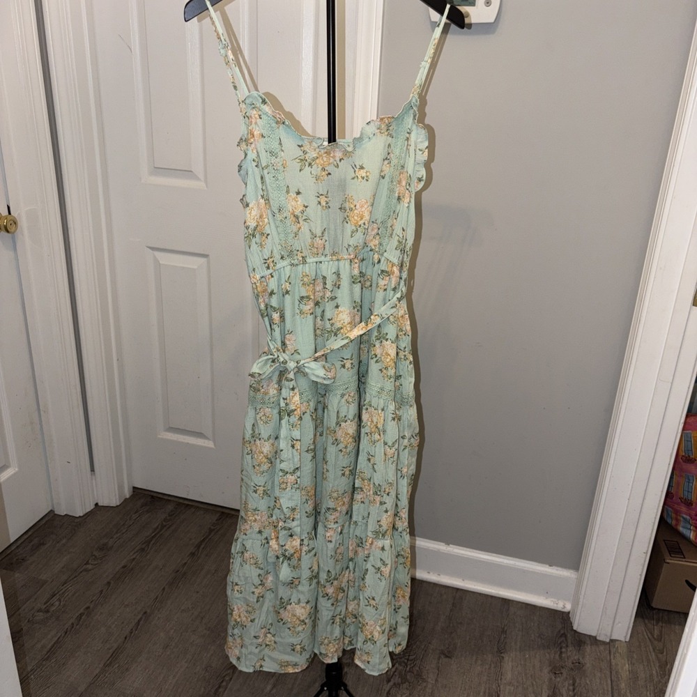 Mine Floral Tiered Midi Dress Mint Green Cottagecore wedding‎ guest large